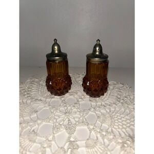 Vintage Amber Glass Salt and Pepper Shakers Diamond Point Hobnail Set 3.5 Inch